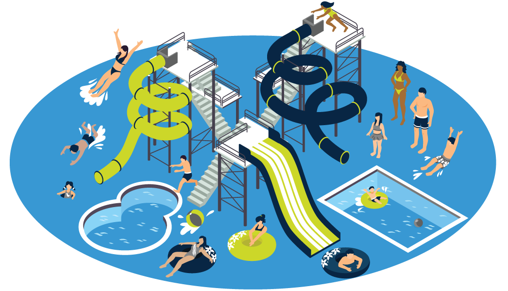 People at Water park on tubs, slides and swimming - vector