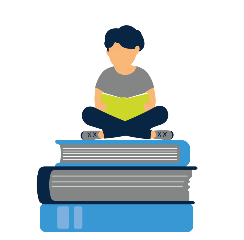 student reading on top of other books